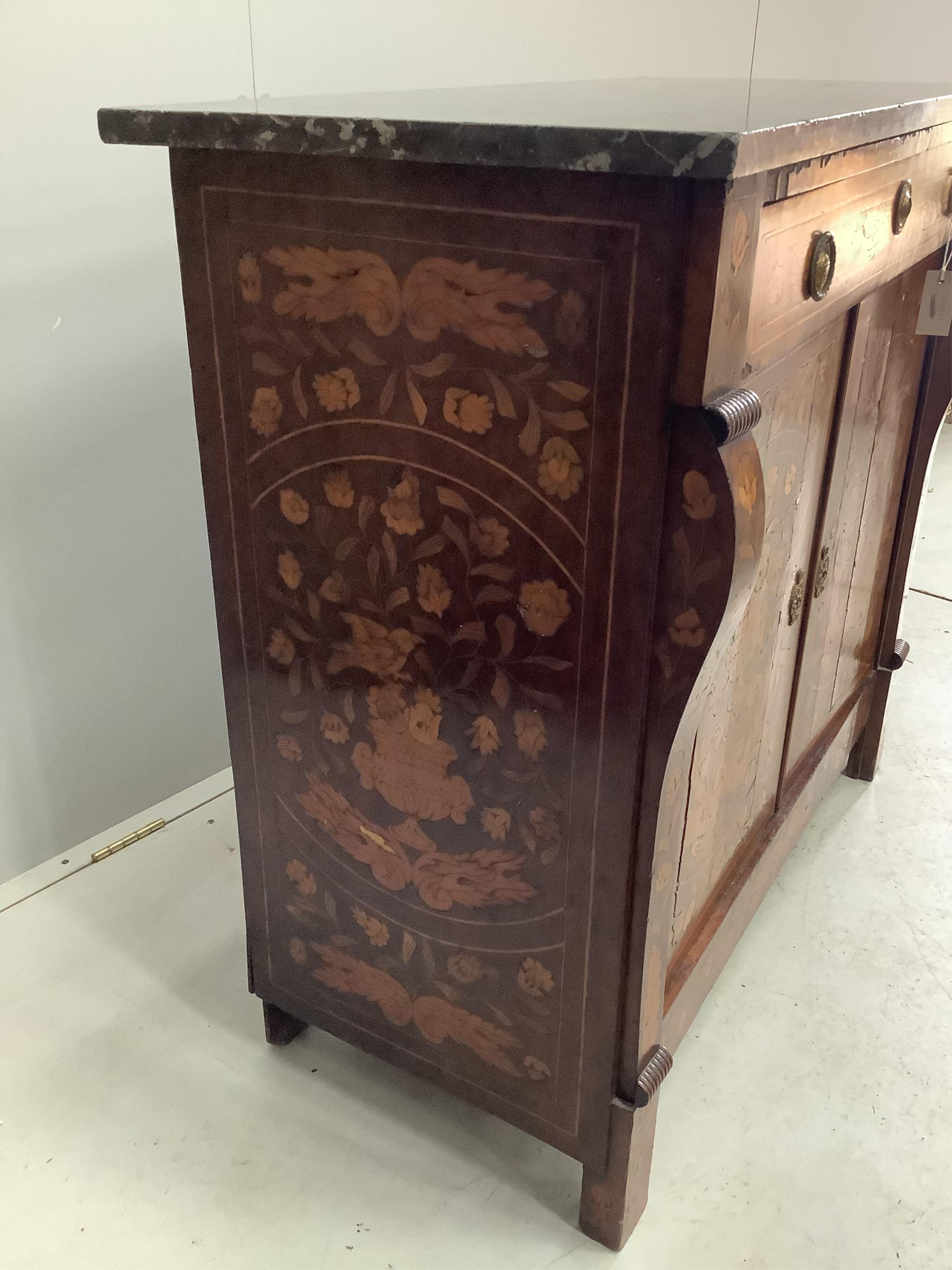 A 19th century Dutch walnut and marquetry cabinet with marble top, width 100cm, height 95cm. Condition - poor, cracking to both doors